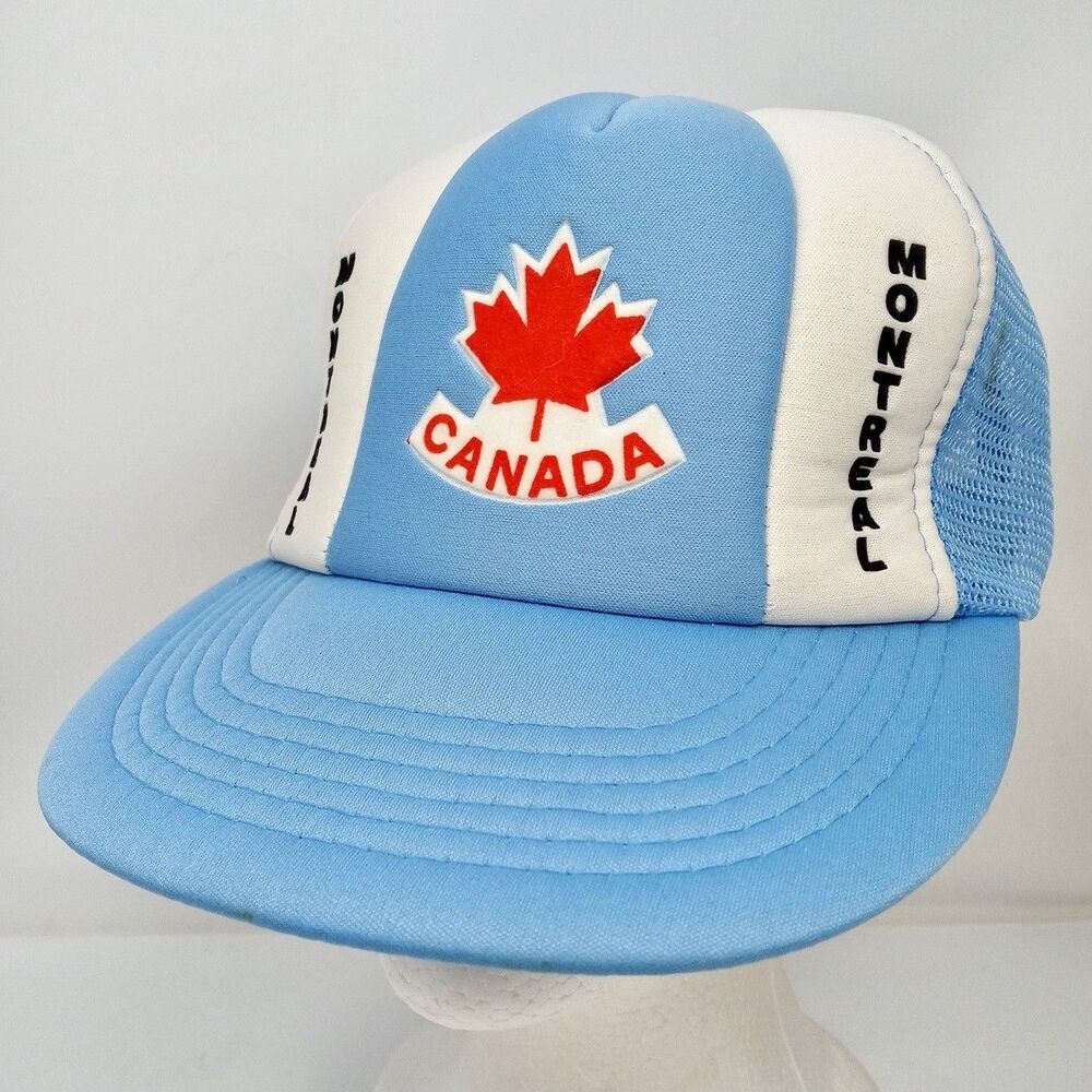 Vintage Montreal Canada Snapback Hat Mesh Trucker Cap 90s Maple Leaf Blue White